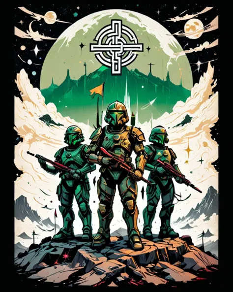 a poster of a group of soldiers standing on top of a mountain