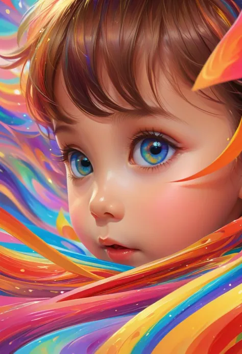 a close up of a child with colorful hair and blue eyes