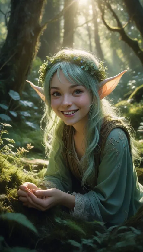 Fairy tale enchanting magical forest elfin mage at dawn, from above, extremely oversized translucent ears, sage green skin, gleefully laughing. sunbeam filters through the mossy green forest, tiny delicate veins trace across face and ears, rim lighting, atmospheric perspective, <lora:DetailedEyes_V3:1.0>,  SimplePositiveXLv2, <lora:RM_Niji_v1.0_bf16:1.0>, . Magical, fantastical, enchanting, storybook style, highly detailed