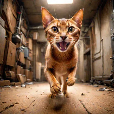 there is a cat that is running in a room with a lot of boxes