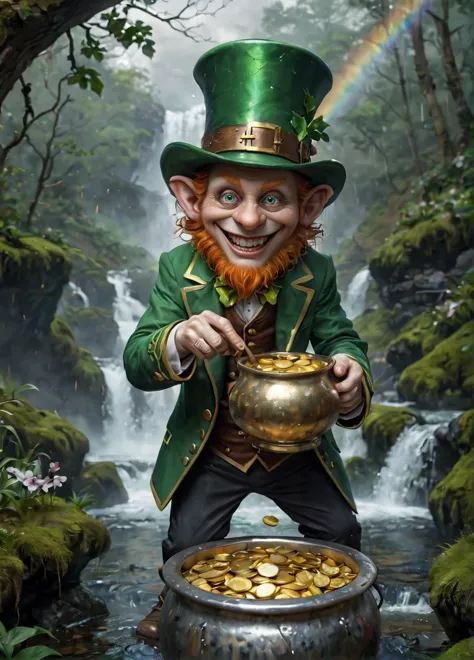 a close up of a leprezi man holding a pot of gold