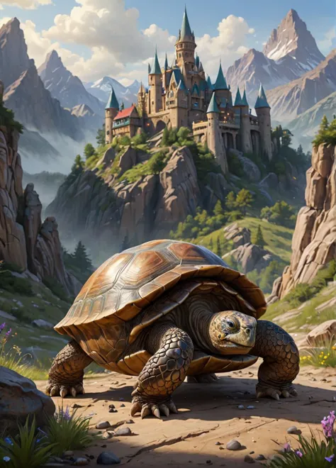 a close up of a turtle walking on a path near a castle