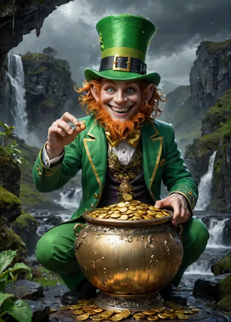 arafed leprezi man in green suit and hat with pot of gold