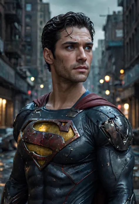 a man in a black superman suit standing in a city