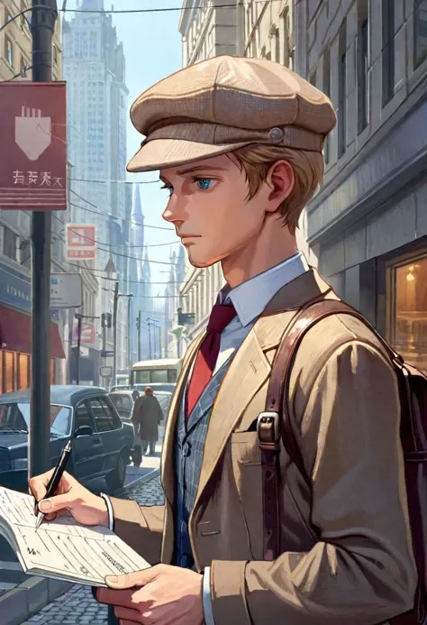 perfect handsome journalist, clear face, upper body, tweed cap, 
suit, shoulder 1bag, Travel notes in hand, focused, collected, 
on street fantasy city, masterpice by (Albert Eckhout:1.36), 
4k textures, ultra detailed, trending in artstation, SimplePositiveXLv2