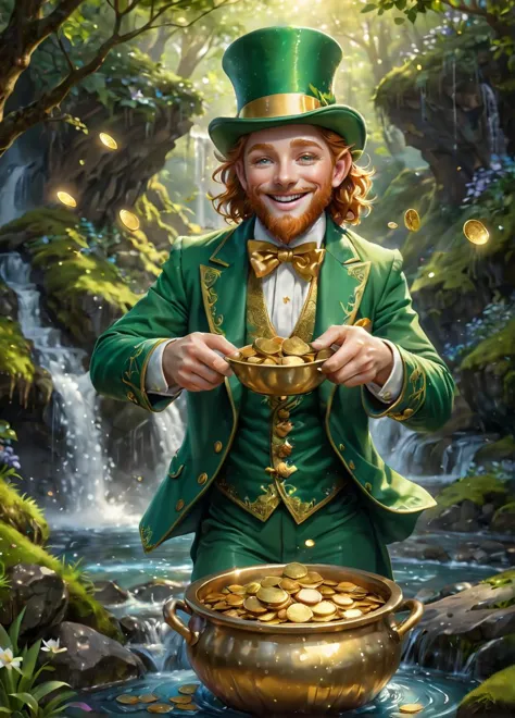 a man in a green suit and hat holding a pot of gold