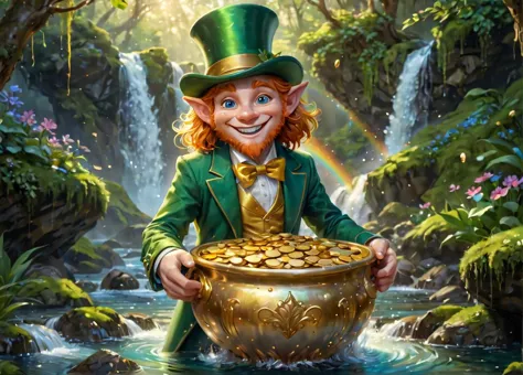 a close up of a leprezi man holding a pot of gold