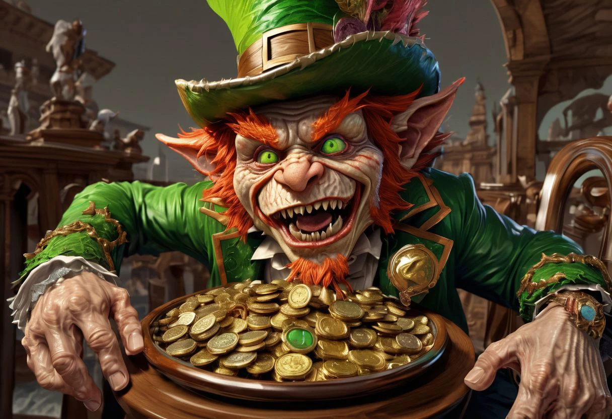 A bloody, violent, dangerous, and disheveled, leprechaun, has feverishly defended his pot of gold coins, by any means necessary. Now safe, he lustfully rubs and licks his pot o' gold. obnoxious mannerisms, gore, nightmare, 3d rendered SimplePositiveXLv2, fx-monsters-xl-meatsack