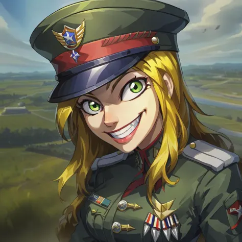 portrait of tanya degurechaff smiling at the veiwer,military hat,military uniform,1girl,solo,evil grin,cropped,portrait,art by ncrender,<lora:New_Century_V2:1>