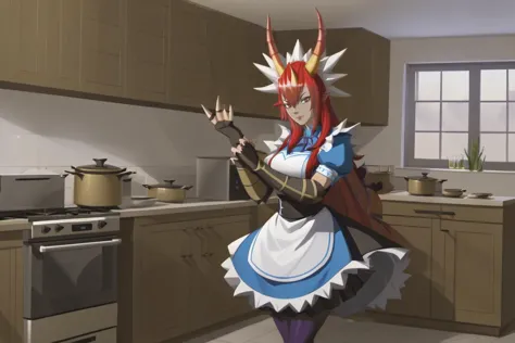 anime character dressed in a kitchen with a stove and sink