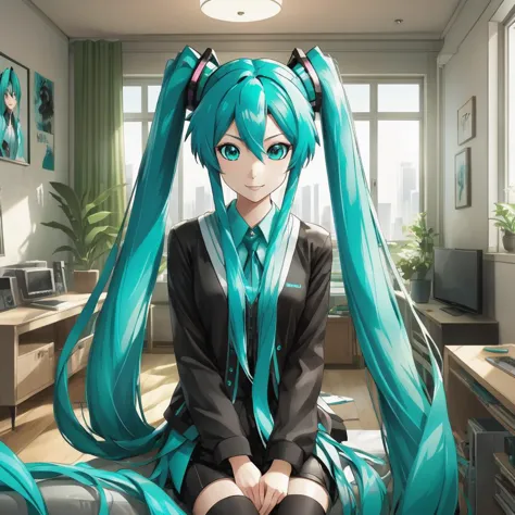 portrait of hatsune miku inside of an apartment, <lora:NewCenturyRenderXL:1>