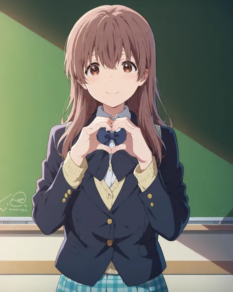 score_9, score_8_up, score_7_up, score_6_up, masterpiece, perfect quality, perfect lighting, nsfw,
school setting, solo girl, smiling girl, cute girl, blushing, upper body shot,
<lora:shouko-nishimiya-movie-ponyxl-lora-nochekaiser:1> shouko nishimiya, long hair, brown hair, brown eyes, skirt, bow, school uniform, jacket, plaid, plaid skirt, blazer,
 <lora:Concept_HeartShapedBoob:1> heart hands