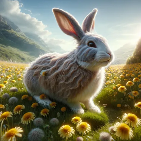 ral-mythcr, a Zephyr Rabbit, a swift, airy creature with fur as soft as clouds. It bounds through the sky, leaving gentle gusts of wind in its wake, playing among the floating dandelions in a sunlit meadow, tranzp,GhostlyStyle,