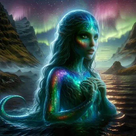 ral-mythcr,  n Aurora Leviathan, a colossal sea creature whose skin glows with the colors of the aurora borealis. It swims gracefully in the ocean's depths, illuminating the dark waters with its radiant, ever-changing colors