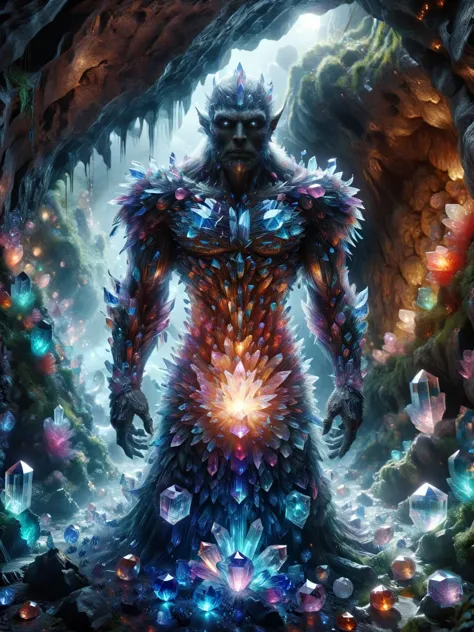 ral-mythcr, un golem de caverne de cristal, une créature faite de diverses pierres précieuses colorées (cristal). Il brille de l&#39;intérieur avec une lumière intérieure éthérée, jetant des réflexions sur la (murs de la grotte sombre:1.5) autour d&#39;elle et veille sur les trésors cachés de la terre,Meilleure qualité, 8k, UHD