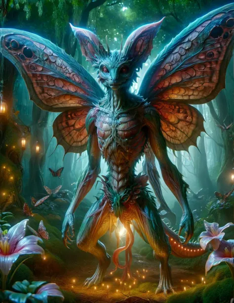 ラル・ミスクル,巨大な光る蛾の繊細な羽と龍の筋骨隆々の体を持つ神話上の生き物. 羽は虹色に輝く, ソフトキャスト, 神秘的な森を背景にした魅惑的な光,トランスポート,ゴーストスタイル 