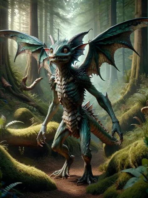 a close up of a dragon in a forest with a forest background