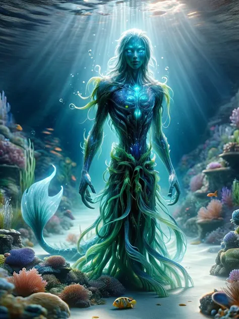 ral-mythcr,An Aquatic Willow Wisp, a creature with a luminous, translucent body that glows with soft blue light, and tendrils re...