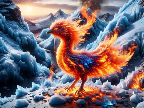 ral-mythcr, faize, (A phoenix made of a mix of fire and ice stood in a ball of fire, surrounded by ice. Razor-sharp talons. Stood on a cliff overlooking  a landscape of snow-capped mountains and volcanic springs. Showing the duality of fire and ice. best quality, 8k, uhd