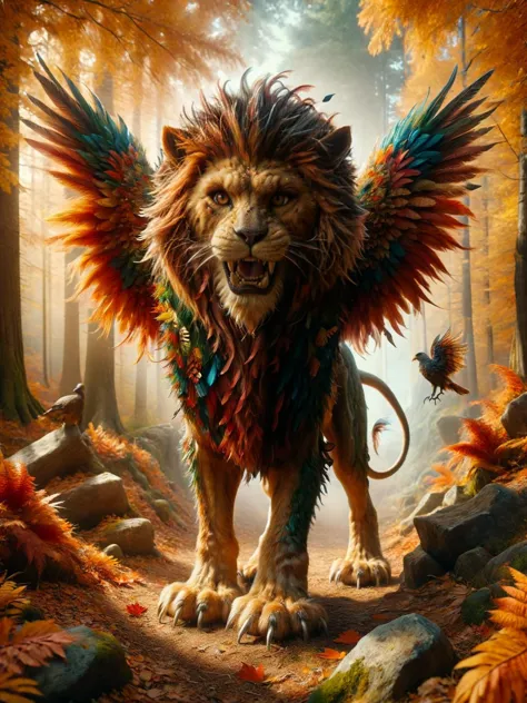 a lion with wings standing in the woods with a bird