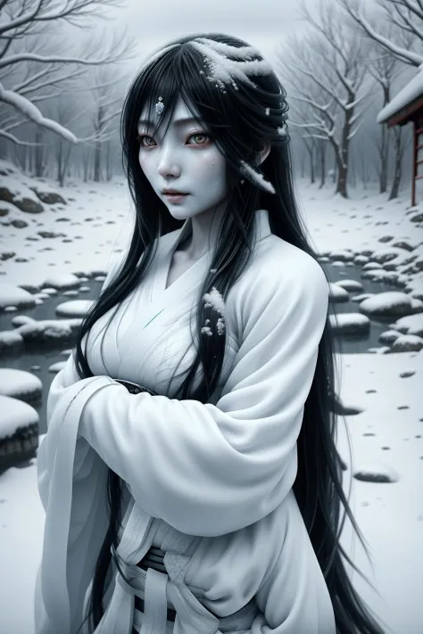 ral-mythcr, yuki onna, mythical creature, a photorealistic image of a Yuki Onna, a spirit from Japanese folklore set in a snowy ...