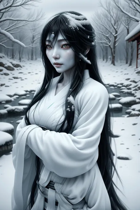 mito-ral, Yuki Onna, criatura mítica, una imagen fotorrealista de una Yuki Onna, un espíritu del folclore japonés ambientado en un paisaje nevado, la Yuki Onna está representada con el pelo largo y negro que fluye  