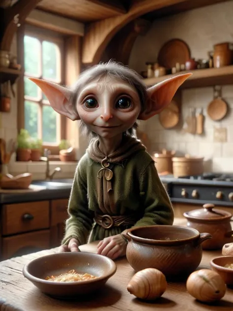 ral-mythcr, house elf, mythical creature, a photorealistic image of a house elf, a small magical creature from folklore, in a cozy  old-fashioned kitchen, the house elf is depicted as a tiny little cute creature with floppy elf ears 