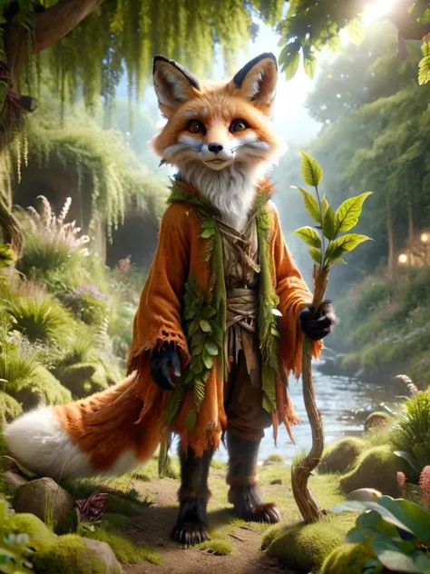 ral-mythcr, vulpra, mythical creature, a fox with a stick and a leafy costume <lora:ral-mythcr-sdxl:1>