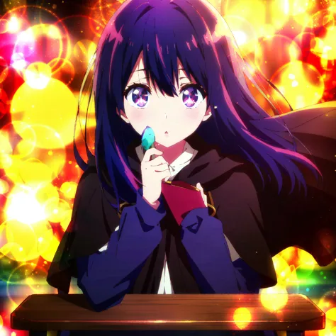 anime girl with purple hair and blue eyes eating a lollipop