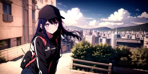 anime girl with long black hair and a baseball cap standing in front of a city