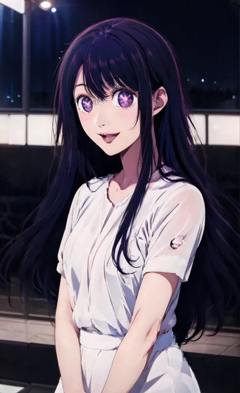 anime girl with long black hair and purple eyes standing in front of a building