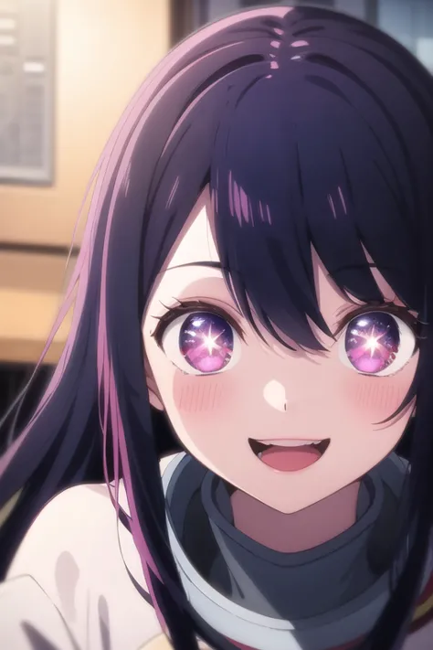 anime girl with long black hair and purple eyes looking at camera