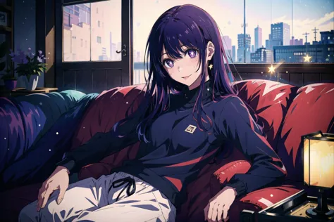 anime girl sitting on a couch in a room with a city view