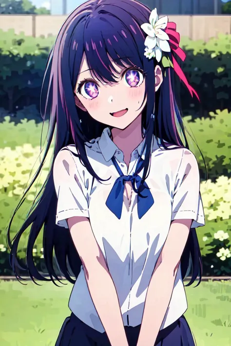 anime girl with long black hair and a white shirt and blue skirt