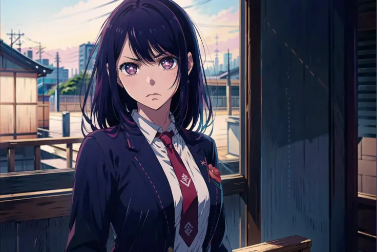 anime girl in a school uniform standing in front of a window