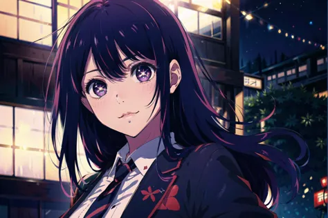 anime girl with long black hair and purple eyes in a city