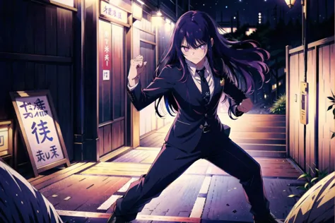 anime girl in a suit and tie standing in a street