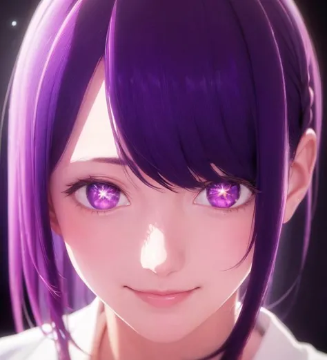 a close up of a person with purple hair and purple eyes