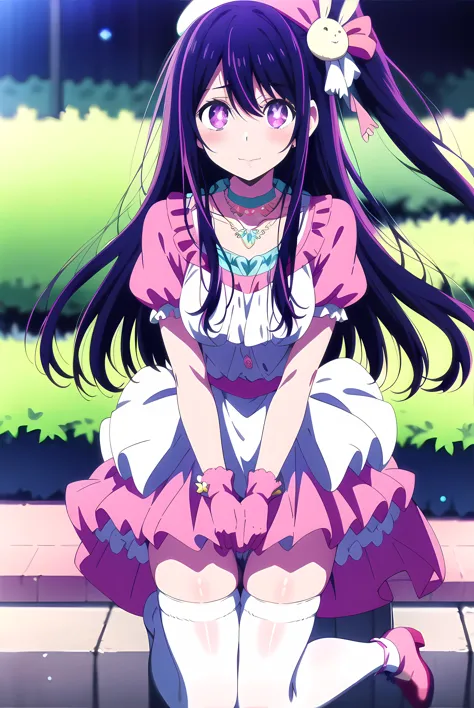 anime girl sitting on a bench with her hands on her knees