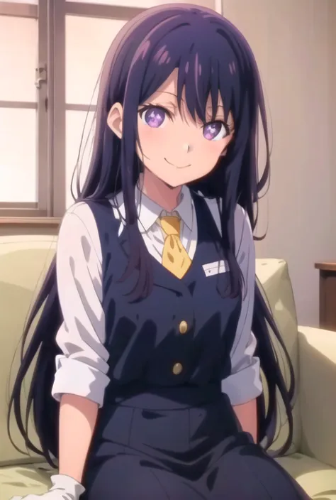 anime girl sitting on a couch with a yellow tie