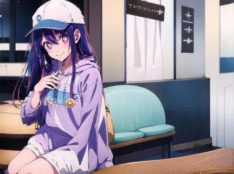 anime girl sitting on a table with a camera in her hand