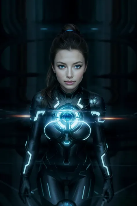 a woman in a futuristic suit with glowing lights