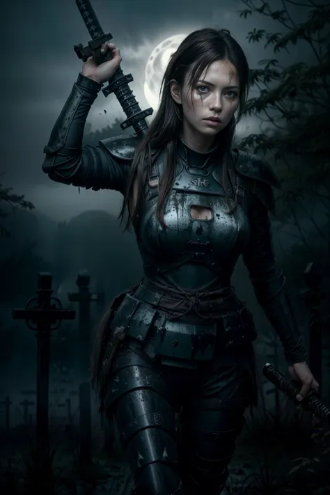 a woman in a leather outfit holding a sword in front of a full moon