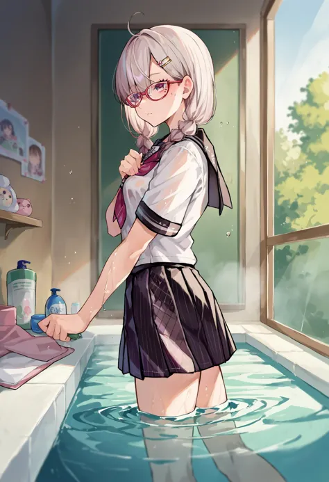 anime girl in a bathroom with a sink and a window