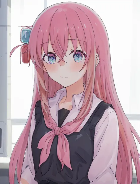 anime girl with pink hair and blue eyes in a school uniform