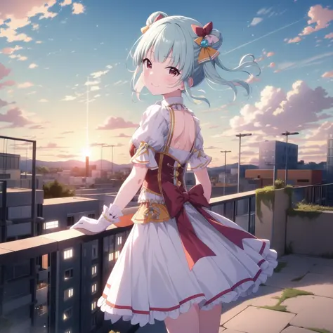 (chef-d&#39;œuvre, Meilleure qualité), 1fille, seulement, depuis_Derrière, Hyodo Shizuku, tenue d&#39;idole, regarder_dos, sourire, rougir, toit, balustrade, coucher de soleil, Lumière_des rayons