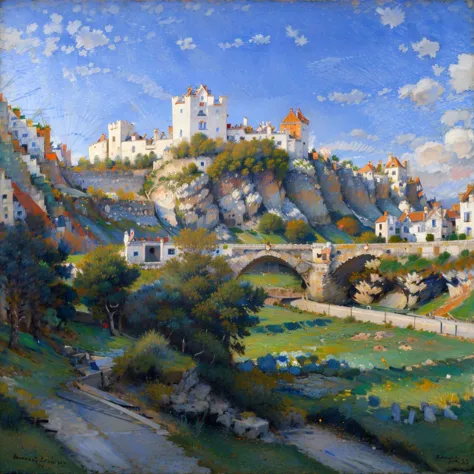 painting of a view of a town on a hill with a bridge