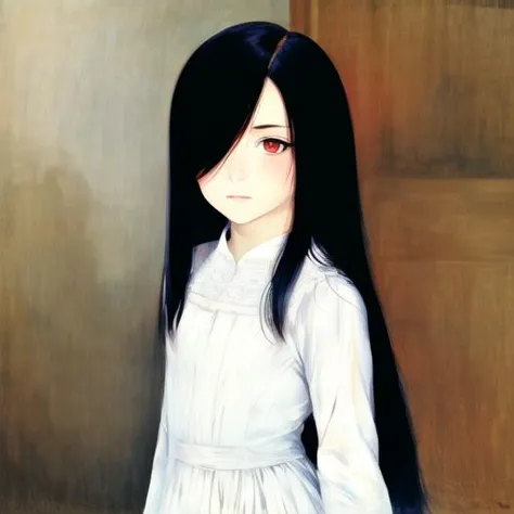 anime girl with long black hair and red eyes standing in front of a wall