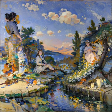 painting of a group of women sitting on a rock by a river