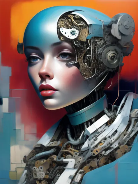 a close up of a woman with a robot head and a clock